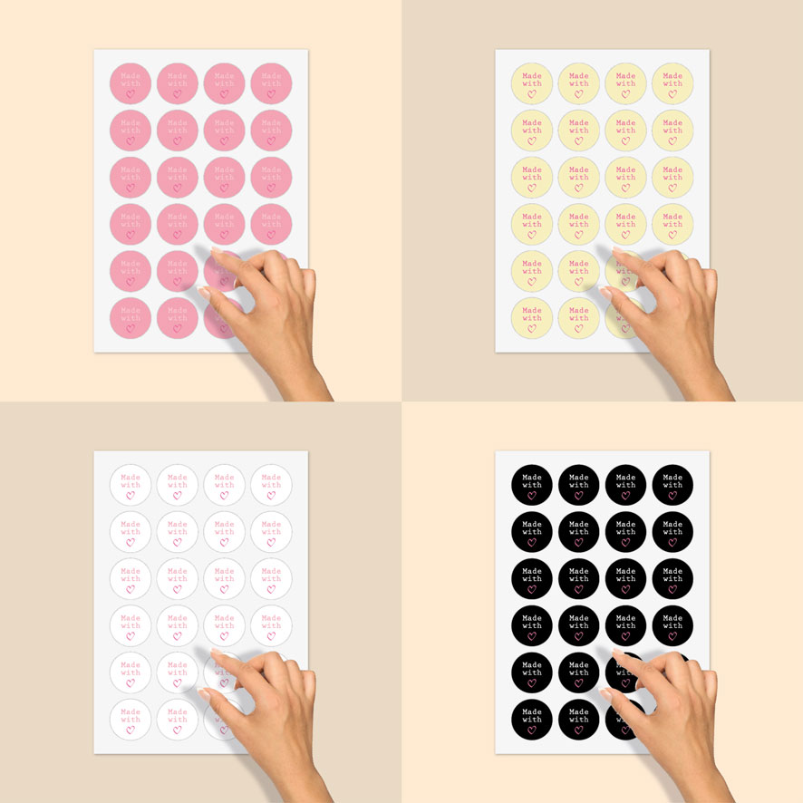 Stickervel stickers 'Made With Love' roze, lichtgeel, wit, zwart, rond 40mm