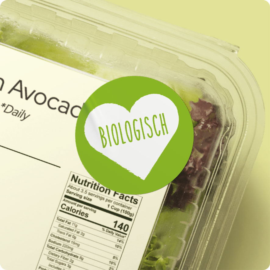 Sticker 'Biologisch' hartje lichtgroen rond 30mm salade verpakking