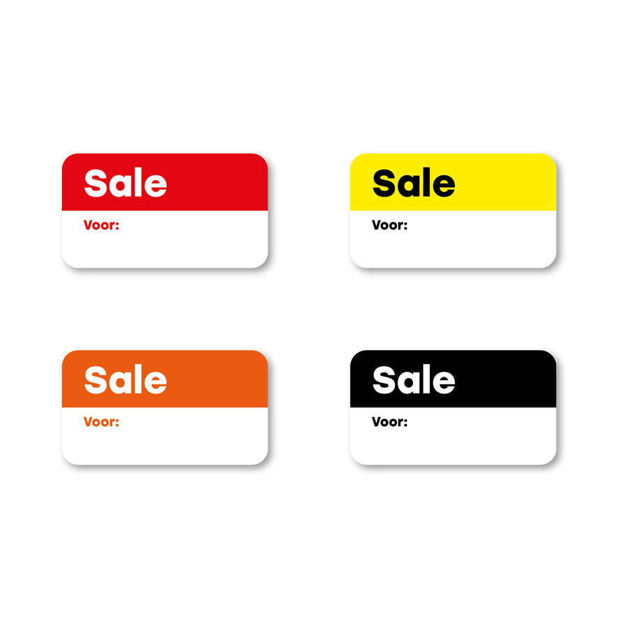 Beschrijfbare 'Sale' stickers rood, geel, oranje, zwart rechthoek 38x21mm witte achtergrond