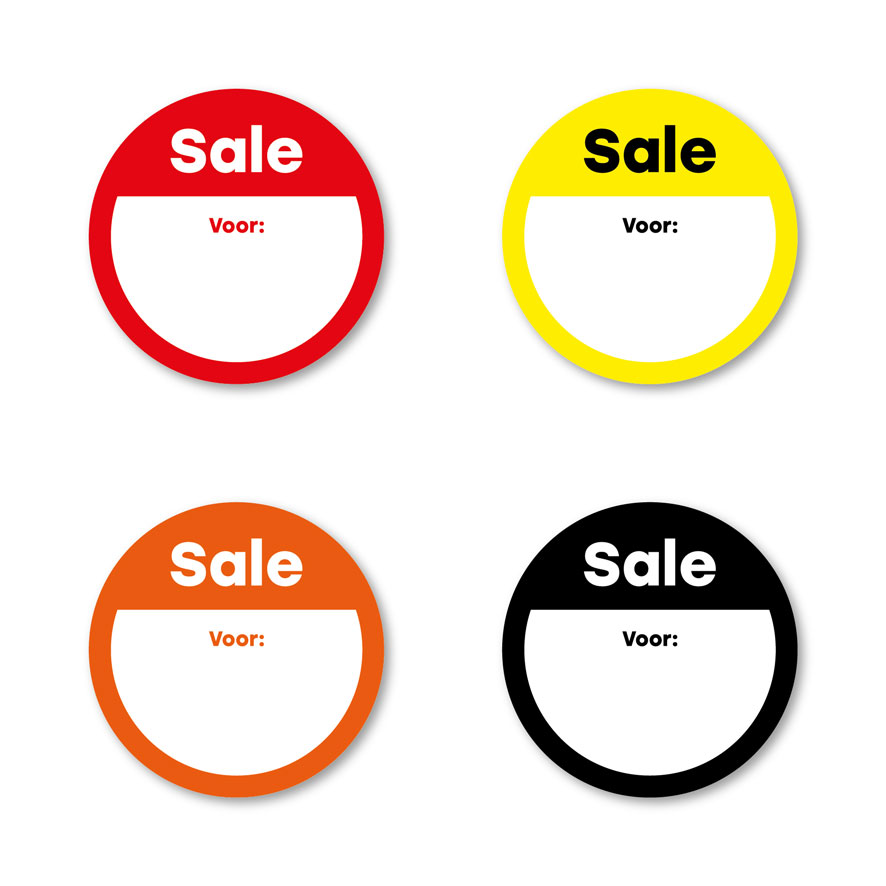 Beschrijfbare 'Sale' stickers rood, geel, oranje, zwart rond 30mm witte achtergrond