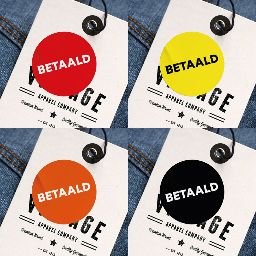 Betaald stickers rood, geel, oranje, zwart rond 30mm kleding hangtag