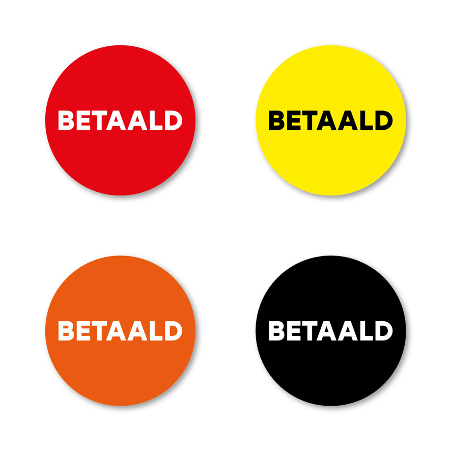 Betaald stickers rood, geel, oranje, zwart rond 30mm witte achtergrond