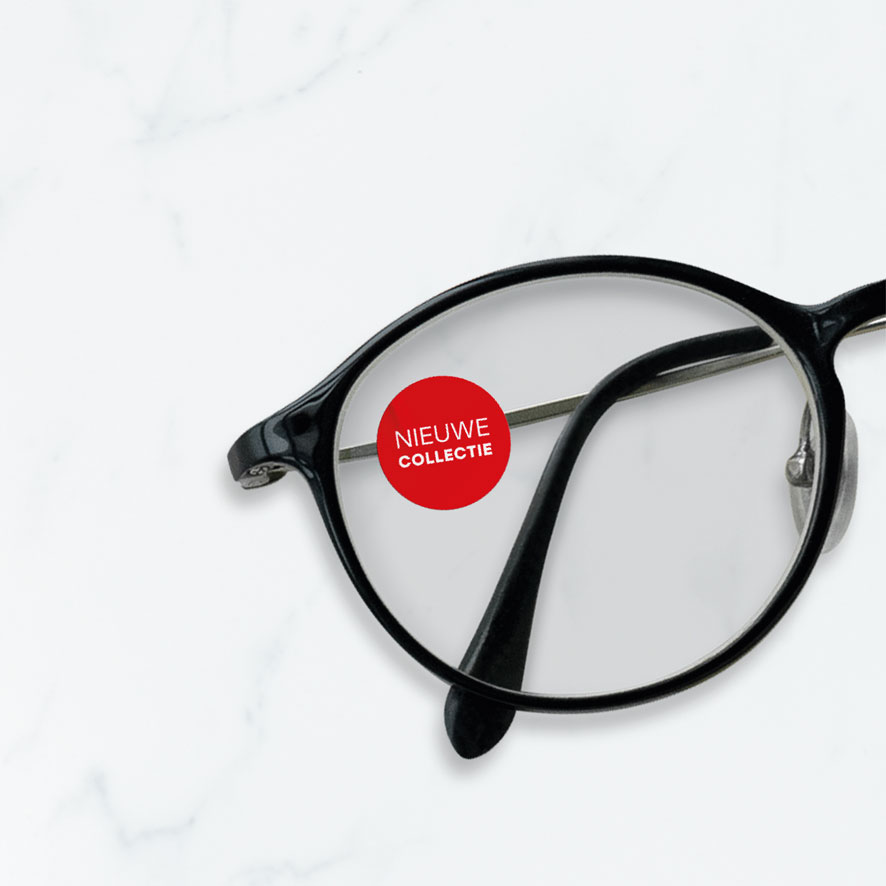 Bril sticker 'Nieuwe Collectie' rond 15mm brillenglas