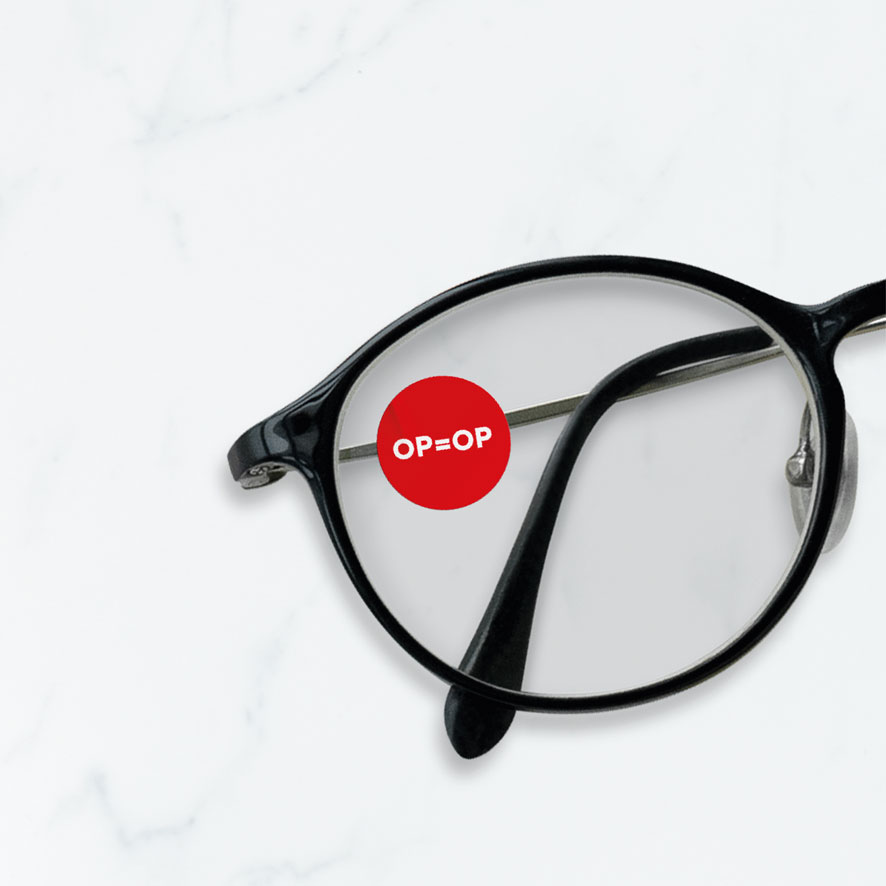Bril sticker 'OP=OP' rond 15mm brillenglas