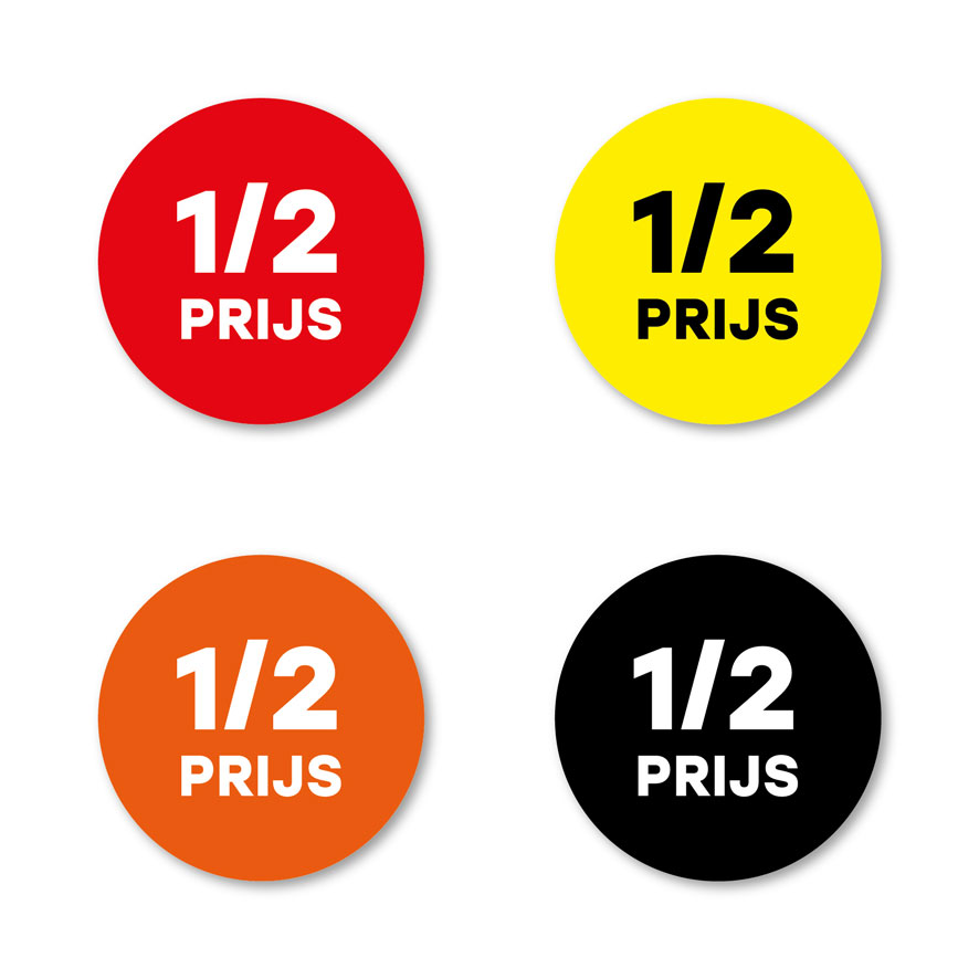 Halve prijs stickers rood, geel, oranje, zwart rond 30mm witte achtergrond
