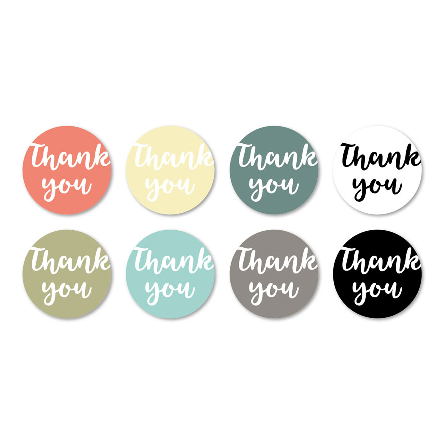 Thank you stickers lichtrood, lichtgeel, kaki, mint, donkercyaan, wit, donkergrijs, zwart rond 30mm witte achtergrond