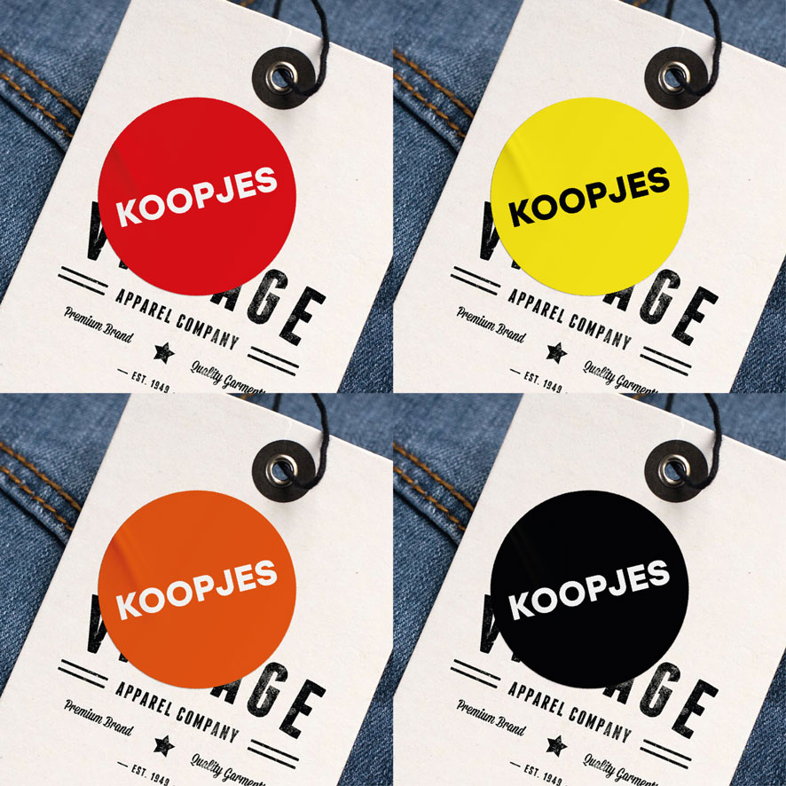 Koopjes stickers rood, geel, wit, zwart rond 30mm kleding hangtag