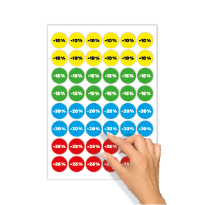 Kortingsstickers -10%, -15%, -20%, -25% geel, groen, blauw, rood rond 30mm