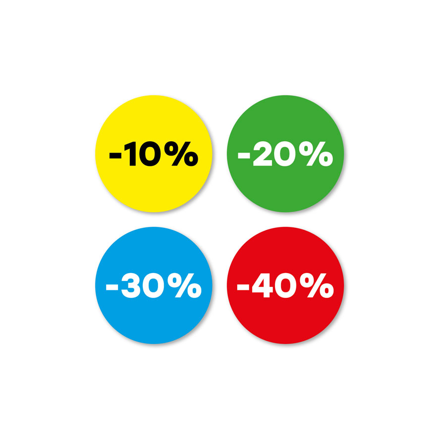 Kortingsstickers -10%, -20%, -30%, -40% geel, groen, blauw, rood rond 30mm