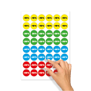 Kortingsstickers -10%, -20%, -30%, -40% geel, groen, blauw, rood rond 30mm