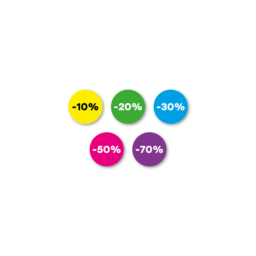 Kortingsstickers -10%, -20%, -30%, -50%, -70% geel, groen, blauw, magenta, paars rond 15mm