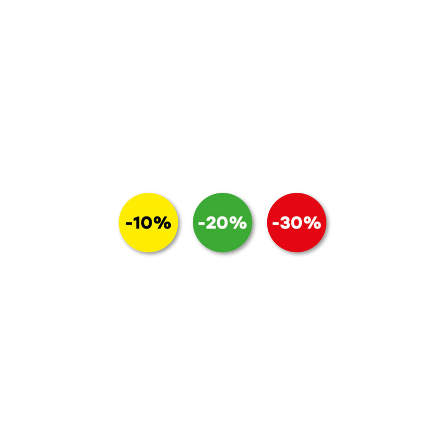 Kortingsstickers -10%, -20%, -30% geel, groen, rood rond 15mm