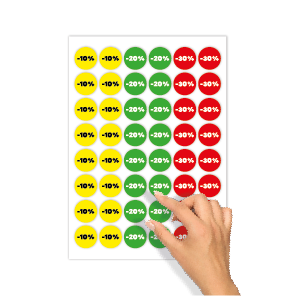 Kortingsstickers -10%, -20%, -30% geel, groen, rood rond 30mm