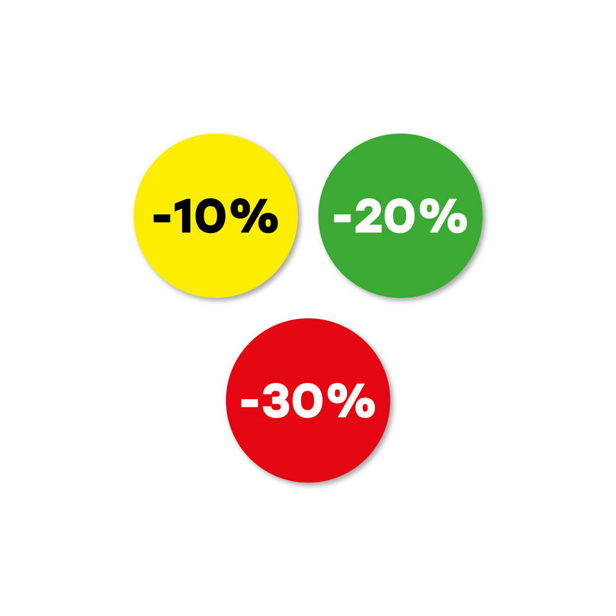 Kortingsstickers -10%, -20%, -30% geel, groen, rood rond 30mm