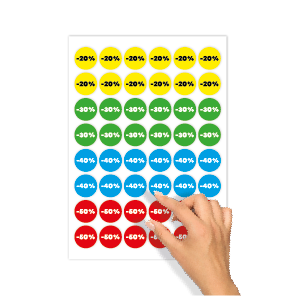 Kortingsstickers -20%, -30%, -40%, -50% geel, groen, blauw, rood rond 30mm