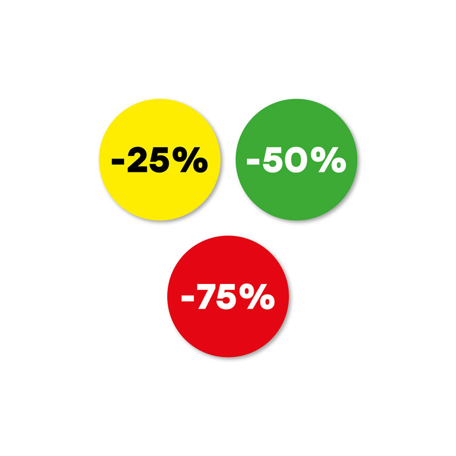 Kortingsstickers -25%, -50%, -75% geel, groen, rood rond 30mm