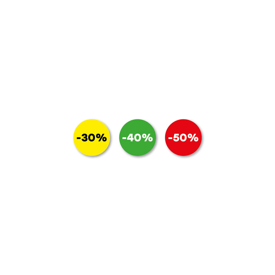 Kortingsstickers -30%, -40%, -50% geel, groen, rood rond 15mm