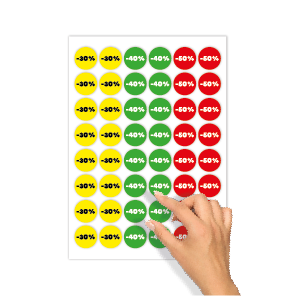 Kortingsstickers -30%, -40%, -50% geel, groen, rood rond 30mm