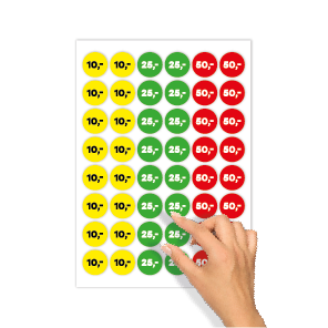 Prijsstickers 10 euro, 25 euro, 50 euro geel, groen, rood rond 30mm