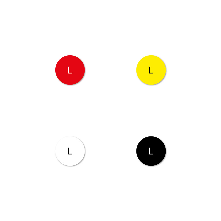 Maatstickers L rood, geel, wit, zwart rond 15mm witte achtergrond