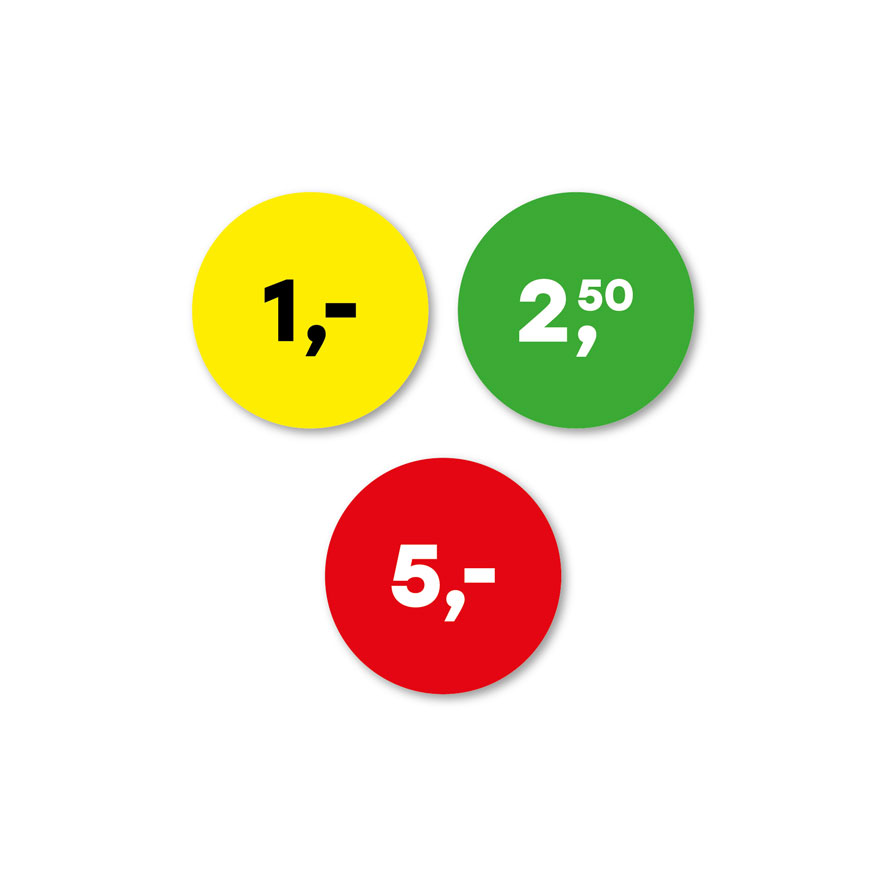 Prijsstickers 1 euro, 2,50 euro, 5 euro geel, groen, rood rond 30mm