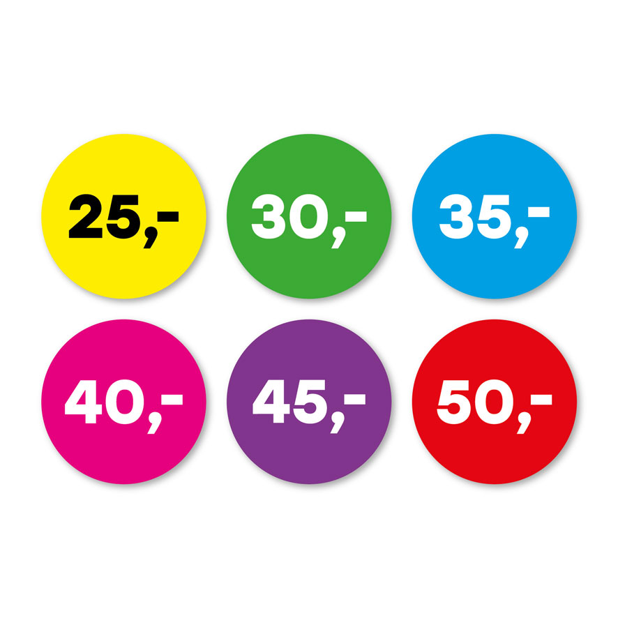 Prijsstickers 25 euro, 30 euro, 35 euro, 40 euro, 45 euro, 50 euro geel, groen, blauw, magenta, paars, rood rond 30mm