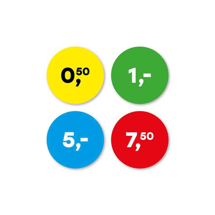 Prijsstickers 1 euro, 2,50 euro, 5 euro, 7,50 euro geel, groen, blauw, rood rond 30mm