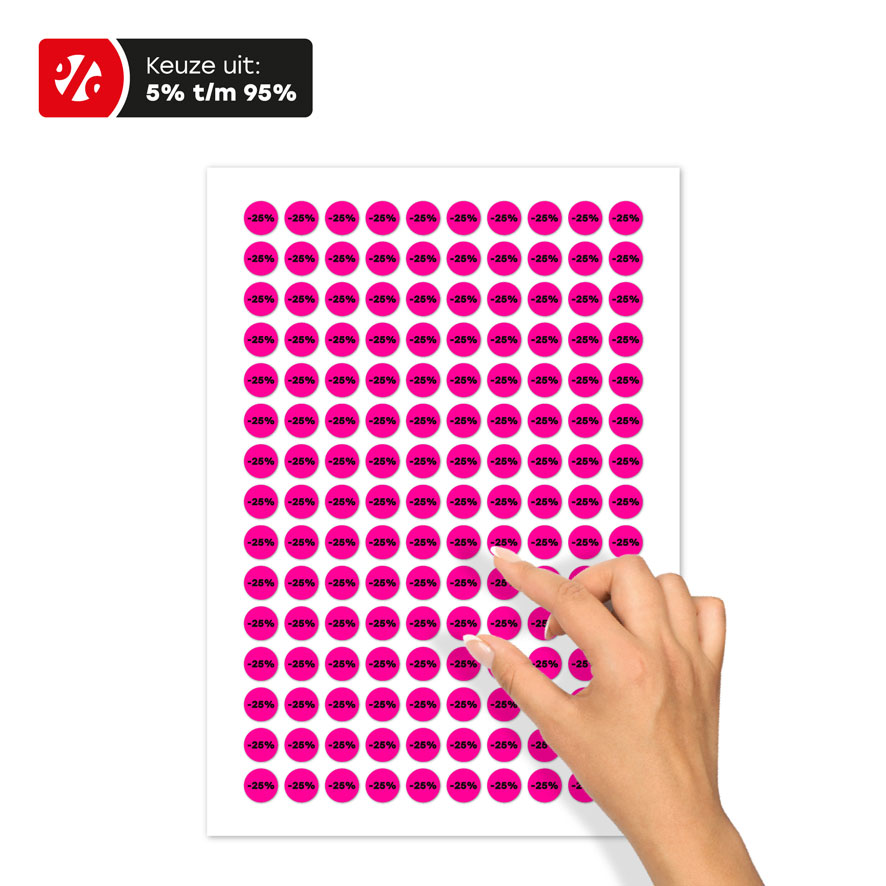Stickervel A4 kortingsstickers fluor roze-zwart rond 15mm