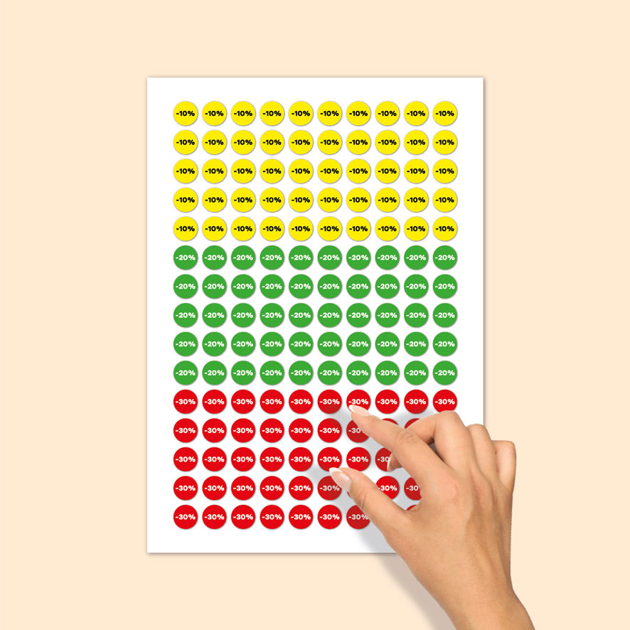 Stickervel kortingsstickers -10%, -20%, -30% geel, groen, rood rond 15mm