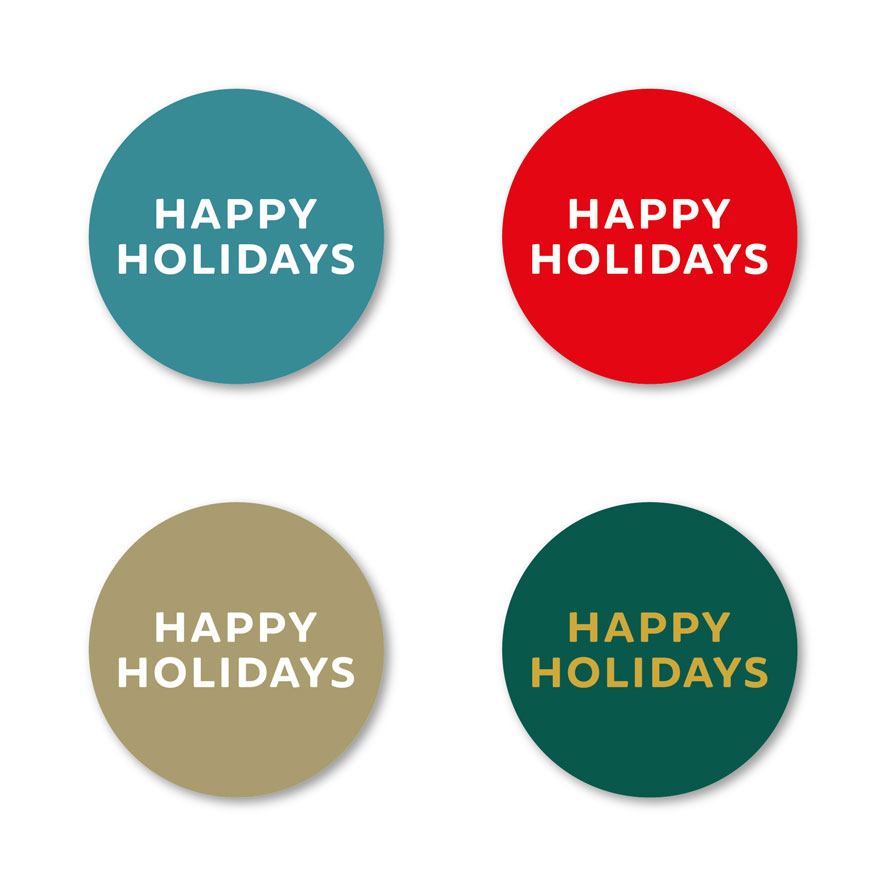 Happy Holidays stickers lichtblauw, rood, donkergroen, goud rond 30mm witte achtergrond