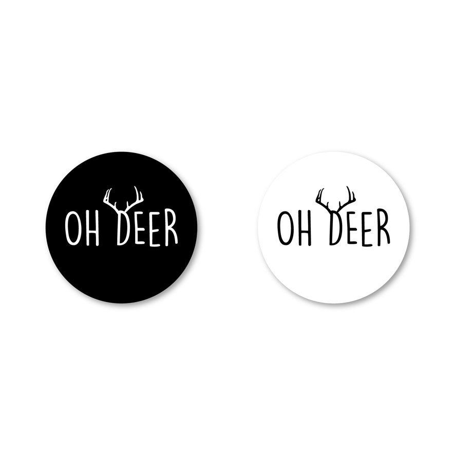 Oh Deer stickers zwart, wit rond 30mm witte achtergrond