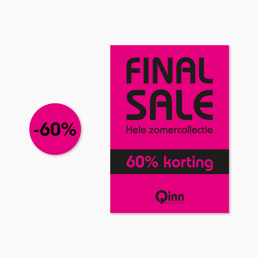 Fluor kortingssticker 60% roze met final sale poster hele zomercollectie 60% korting met eigen logo Qinn Womenswear