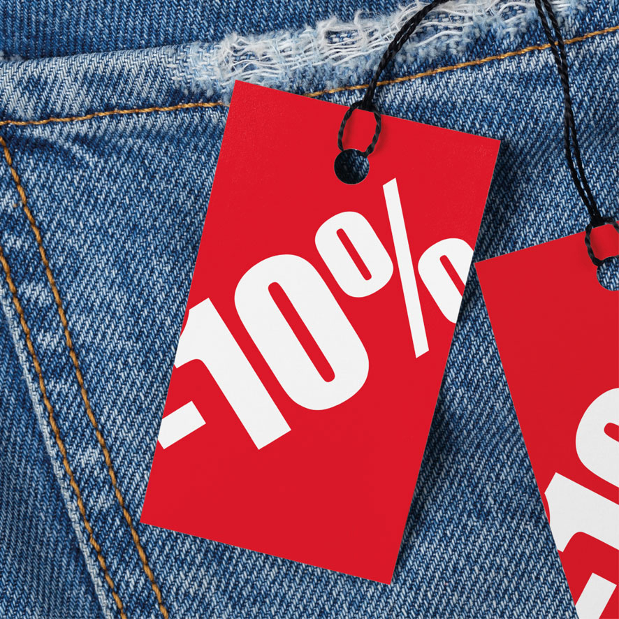 Prijskaartjes 10% korting winkel kleding rood 90x55mm jeans hangtag