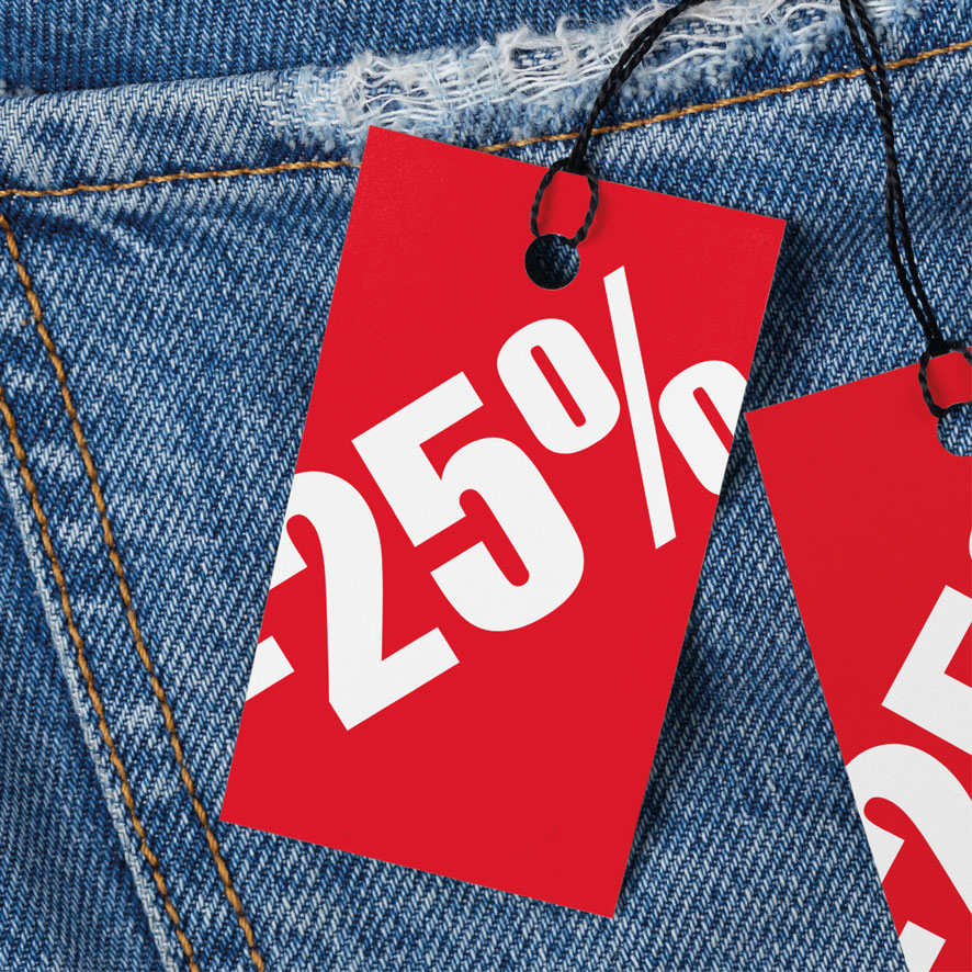 Prijskaartjes 25% korting winkel kleding rood 90x55mm jeans hangtag