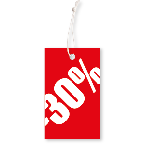 Prijskaartjes 30% korting winkel kleding rood 90x55mm hangtag