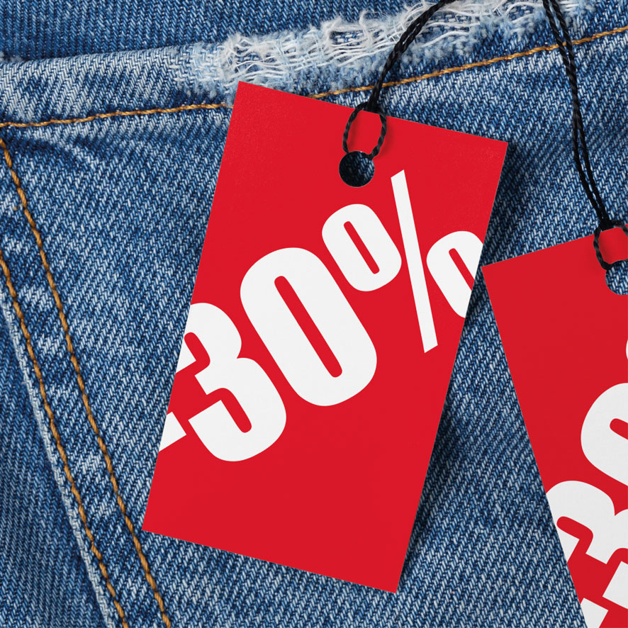 Prijskaartjes 30% korting winkel kleding rood 90x55mm jeans hangtag