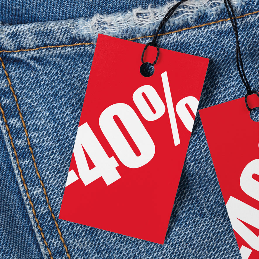Prijskaartjes 40% korting winkel kleding rood 90x55mm jeans hangtag