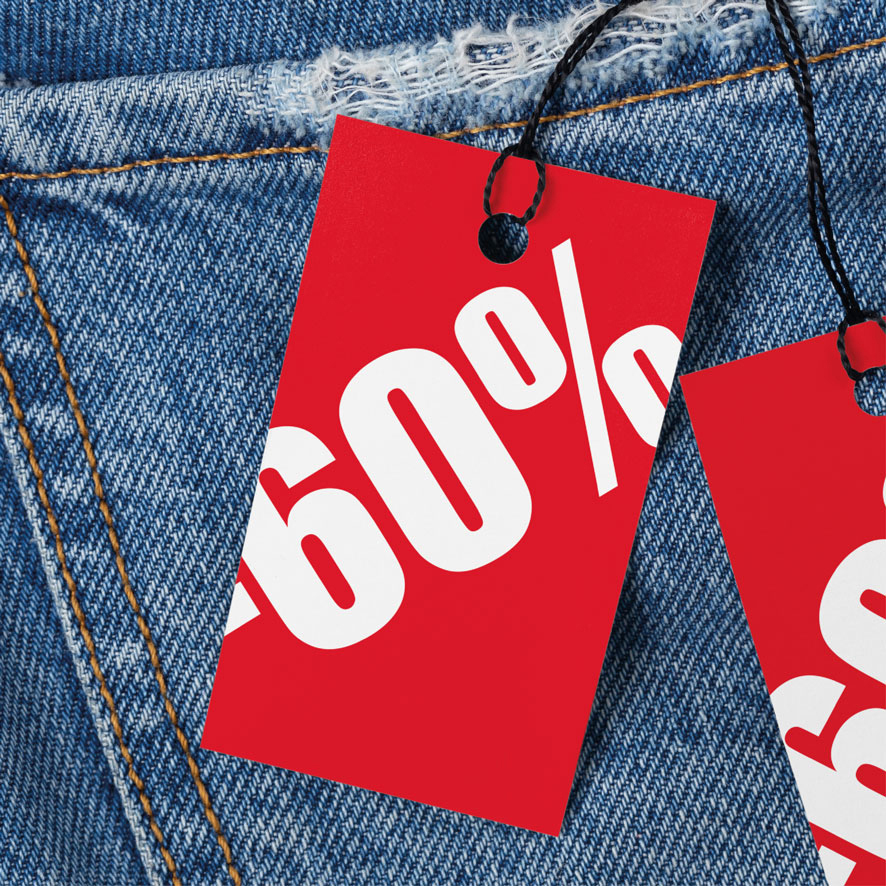 Prijskaartjes 60% korting winkel kleding rood 90x55mm jeans hangtag