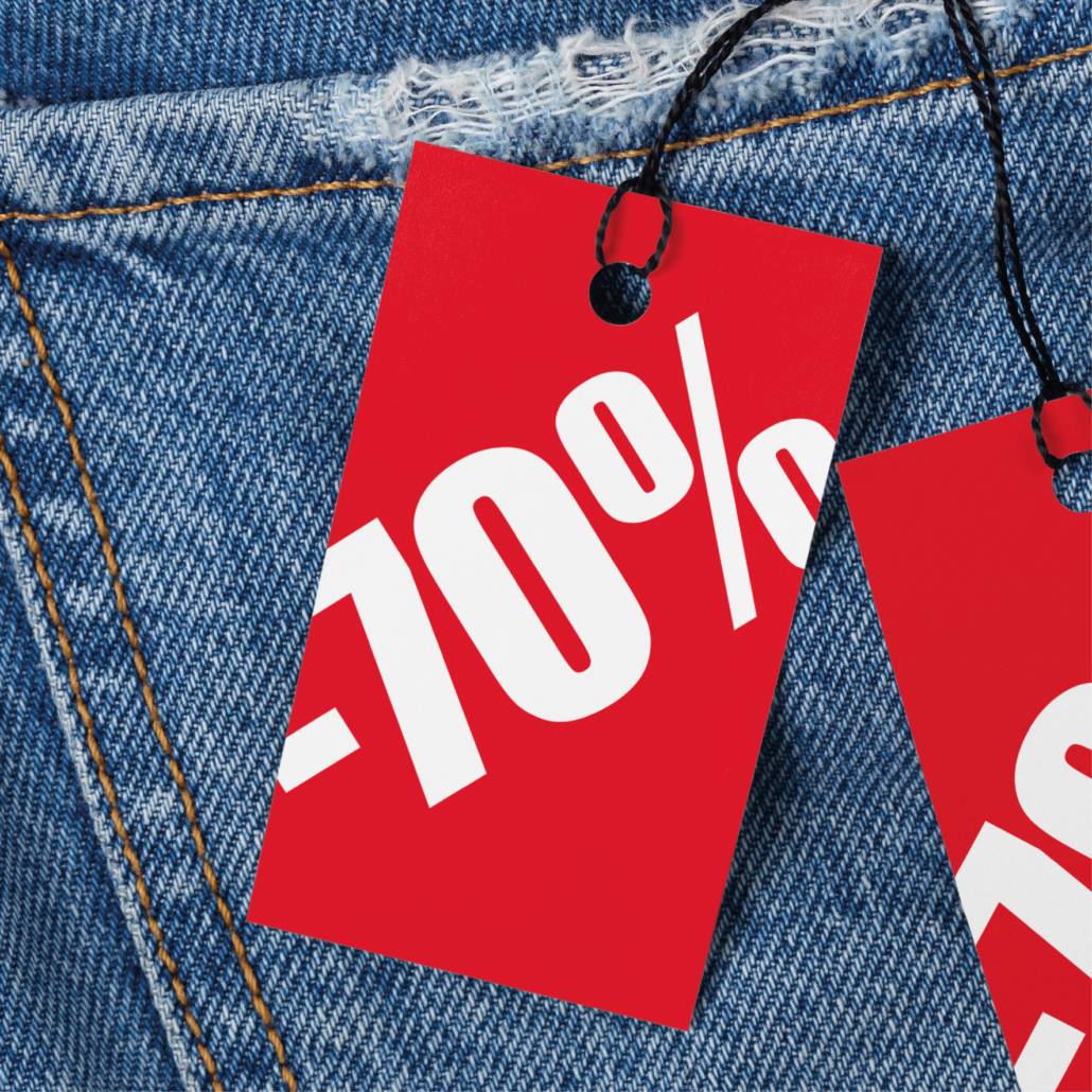 Prijskaartjes 70% korting winkel kleding rood 90x55mm jeans hangtag