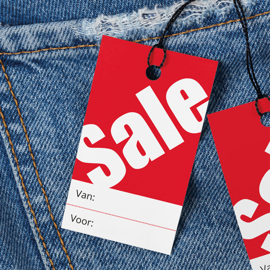 Sale kaartjes Van/Voor winkel kleding rood 90x55mm jeans hangtag