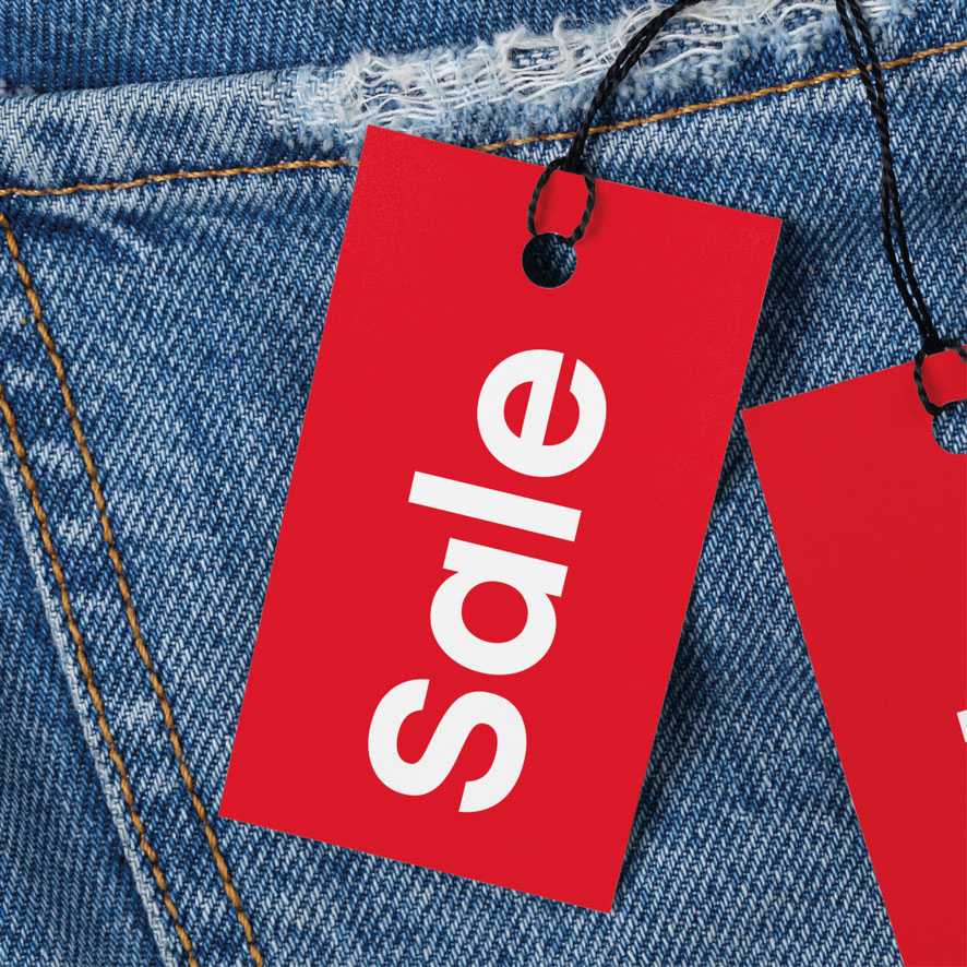 Sale kaartjes winkel kleding rood 90x55mm verticaal jeans hangtag