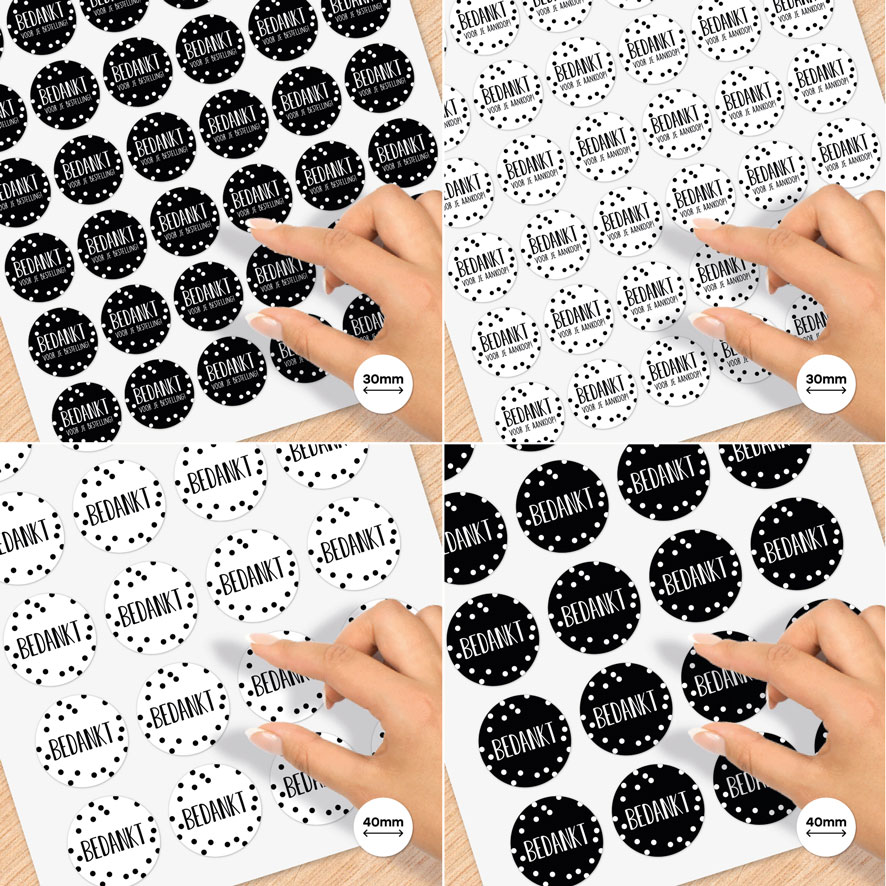 Stickervel A4 bedankt voor je bestelling stickers confetti rond 30mm en 40mm