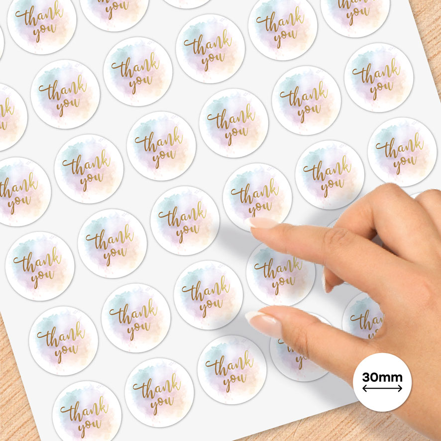 Stickervel A4 thank you stickers aquarel wit goud rond 30mm