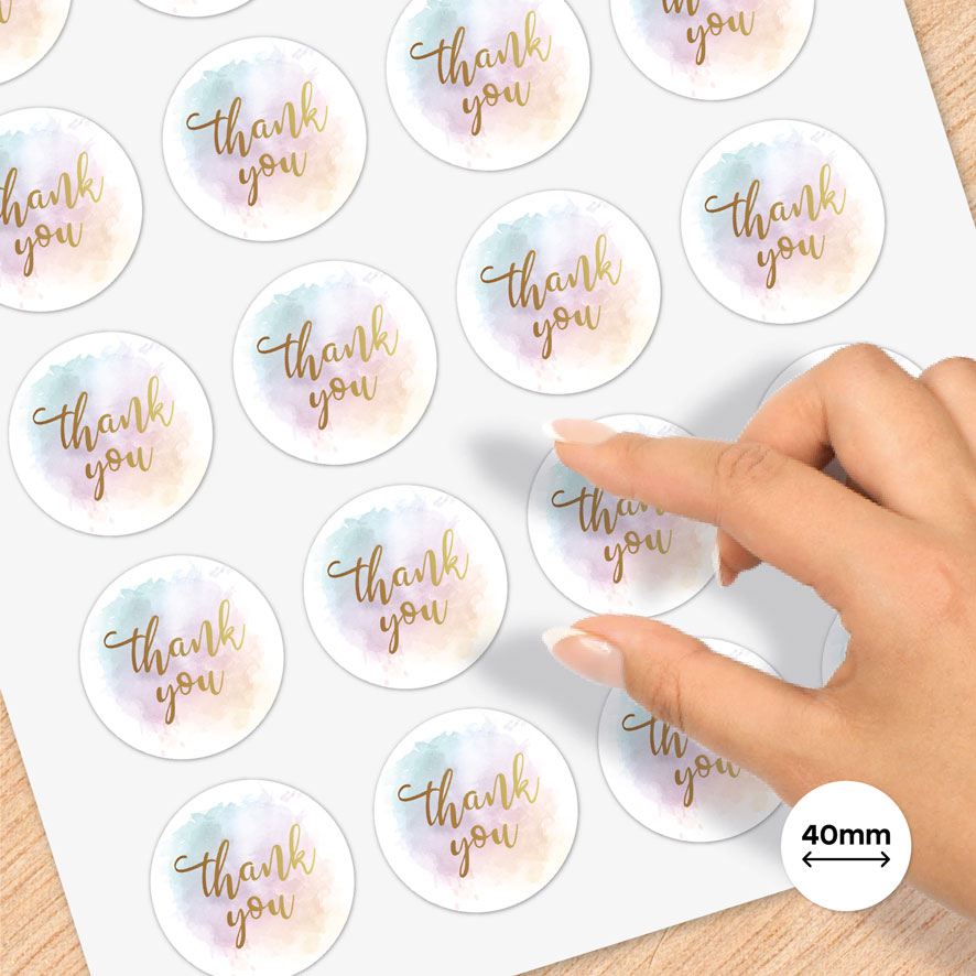 Stickervel A4 thank you stickers aquarel wit/goud rond 40mm