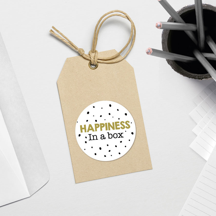 Sticker 'Happiness in a box' stipjes wit/goud rond hangtag