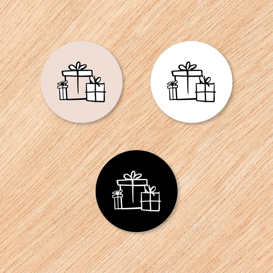 Stickers 'Cadeau pakjes' lichtroze, wit, zwart rond 30mm en 40mm