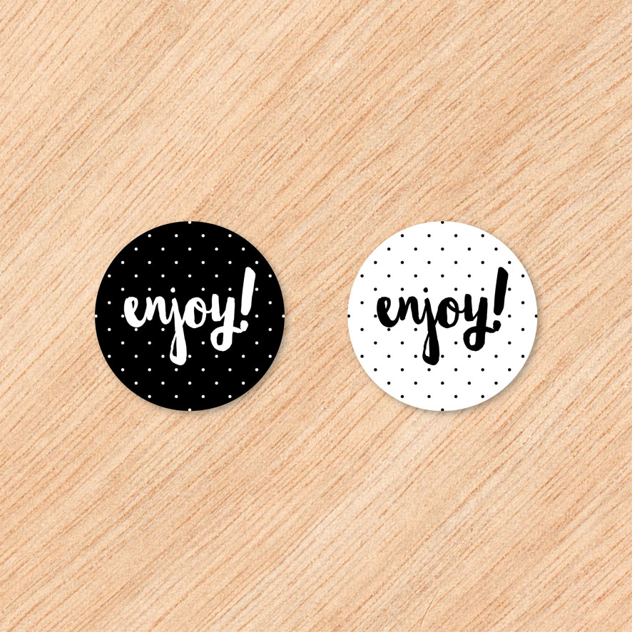 Stickers 'Enjoy' stippen zwart, wit rond 30mm en 40mm