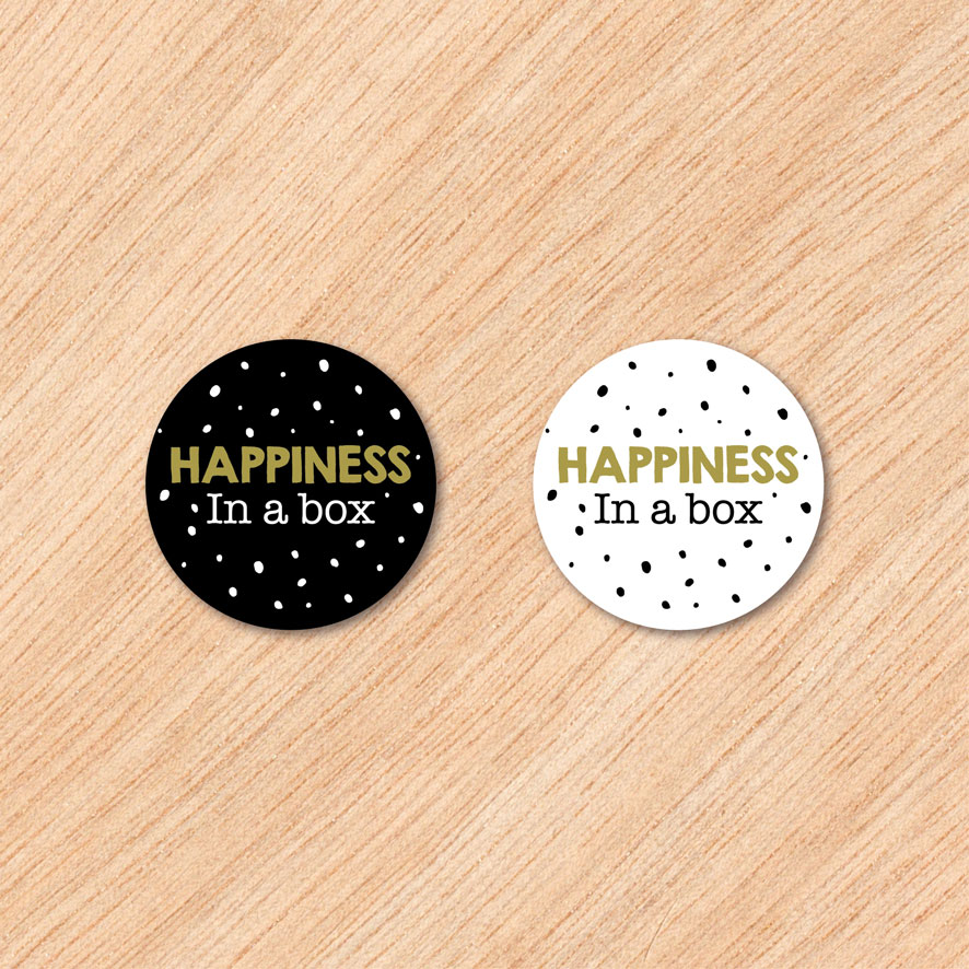 Stickers 'Happiness in a box' stipjes zwart, wit, goud rond 30mm en 40mm