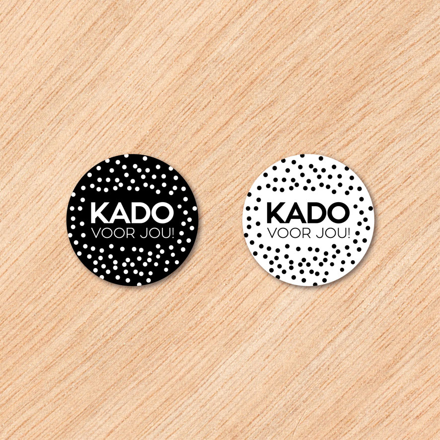 Stickers 'Kado voor jou' ronde stippen zwart, wit rond 30mm en 40mm