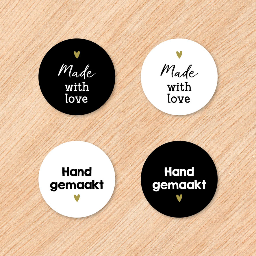 Stickers 'Made with love' Combi Set zwart, wit, goud rond 30mm en 40mm